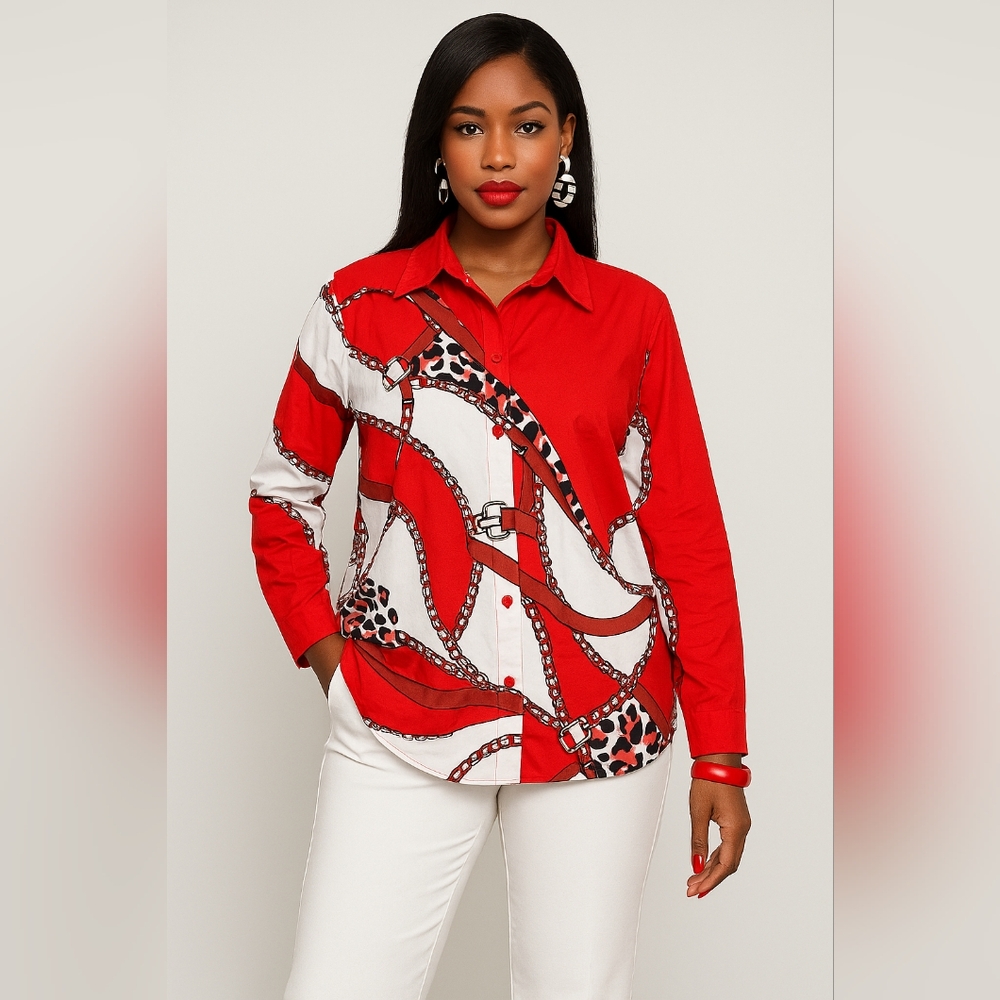 Red and White Women's Patterned Top - Picture 2 of 4